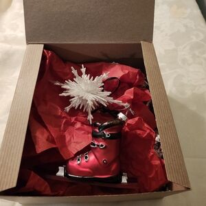 Kids Red Ice Skate Ornament and Sparkling Snowflake Ornament by Platt Design New